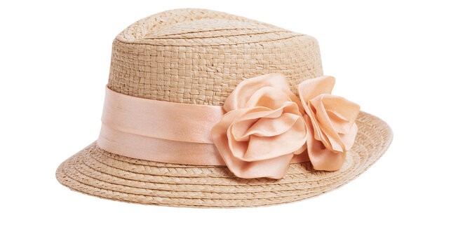 Woven straw fedora hat with peach satin ribbon and fabric flower embellishment