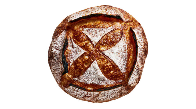 Round sourdough bread loaf with a cross score pattern and dark crispy crust