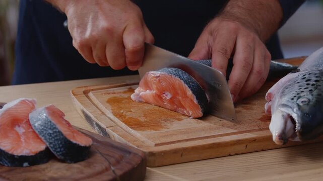 Chef cutting fresh raw salmon (trout) fish into steaks with large knife on wooden board, close-up shot.