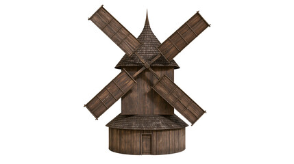 Rustic wooden windmill with rotating blades and shingle roof © Alex