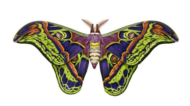 Vibrant Attacus atlas moth with intricate purple green and orange wing patterns