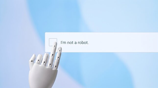 A robotic finger clicks on the I'm not a robot checkbox on a digital screen. The image symbolizes artificial intelligence, cybersecurity, and the growing distinction between humans and machines
