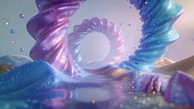 Camera dollying braided torus rotating, revealing inner aperture in studio, with droplets, glitter