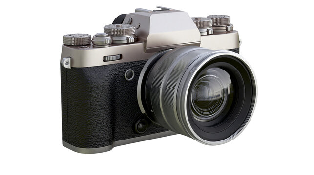 Silver and black mirrorless digital camera with a wide angle lens