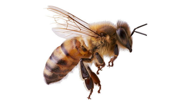Detailed macro shot of a flying honey bee with fuzzy thorax and translucent wings