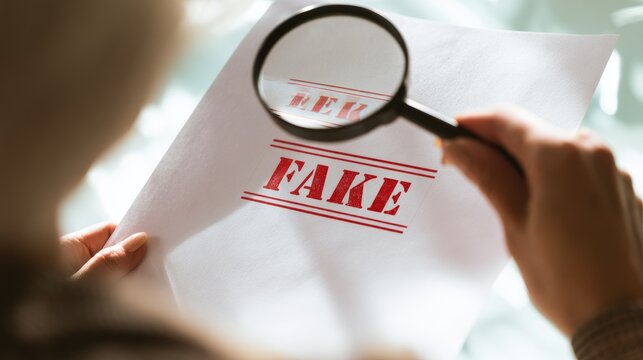 Person examining a document with the word FAKE stamped on it using a magnifying glass.