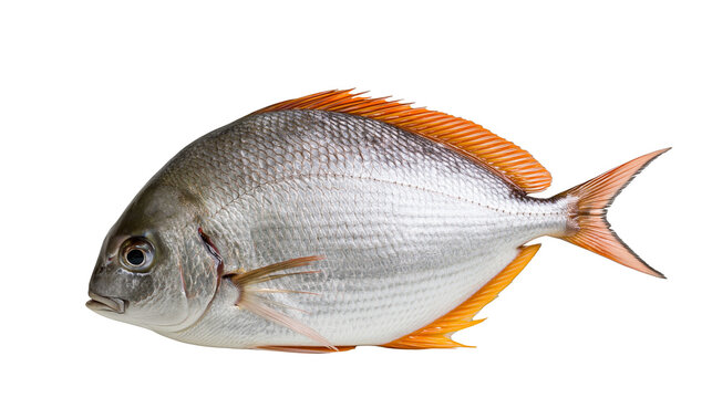 Fresh whole silver sea bream fish with orange fins and tail