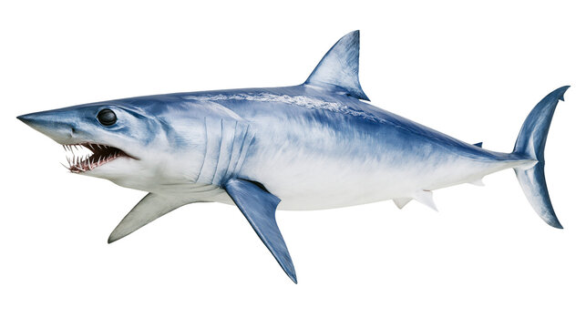 Shortfin mako shark swimming with open mouth and sharp teeth