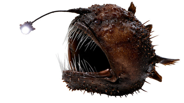 Deep sea anglerfish with glowing esca lure and sharp needle-like teeth