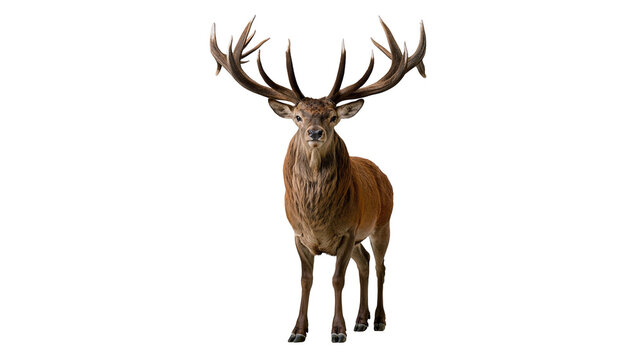Majestic red deer stag with large branched antlers standing in full view