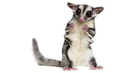 Obraz premium Small sugar glider standing upright with large dark eyes and grey fur