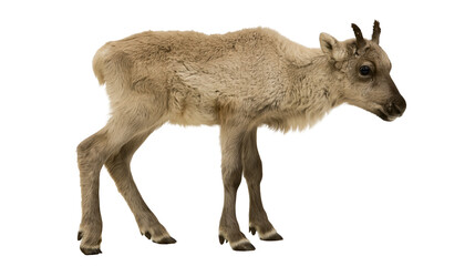 Young reindeer calf with soft brown fur standing in profile © Veikko