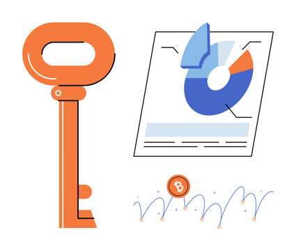 Key and financial chart vector illustration. Investment, digital security, crypto market, data analysis, business strategy, finance growth. Orange skeleton key and pie graph icon