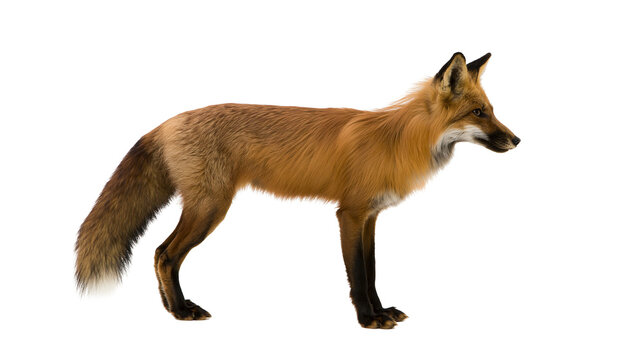 Full body side view of a standing red fox with thick orange and brown fur