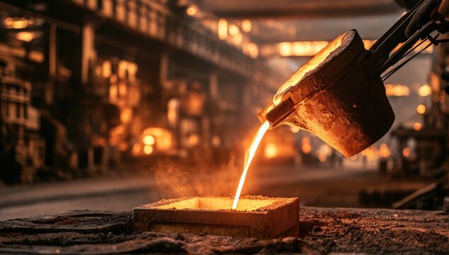 Molten metal being poured into a casting mold in a foundry.