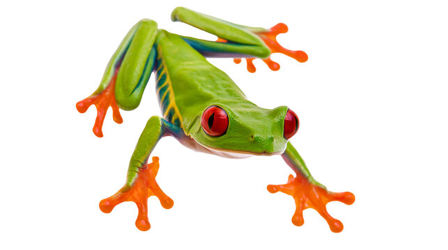 Vibrant red-eyed tree frog with bright green skin and orange feet