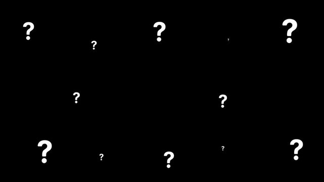 Flying question marks animation pop up on transparent background. Abstract concept of uncertainty with floating question marks on a dark background. Suitable for uncertainty, confusion.