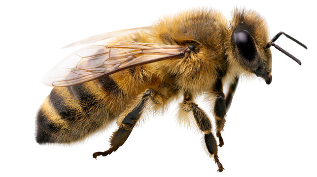 Detailed macro shot of a fuzzy honey bee with striped abdomen and translucent wings