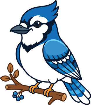Cute cartoon blue jay bird sitting on a tree branch isolated