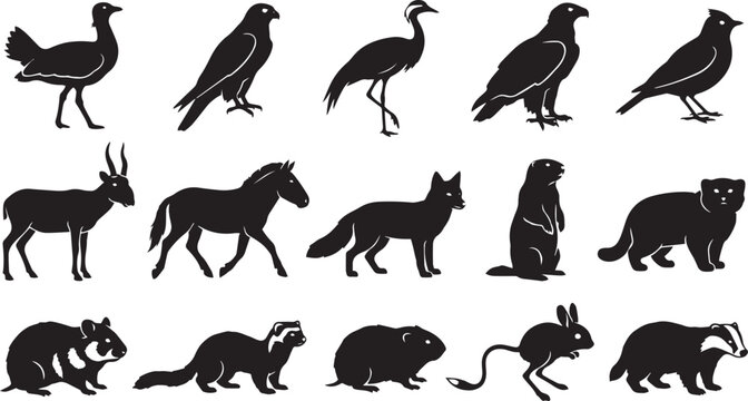 Set of black silhouettes of eurasian steppe wildlife, including birds of prey, saiga antelope, wild horse, fox, rodents, and small mammals