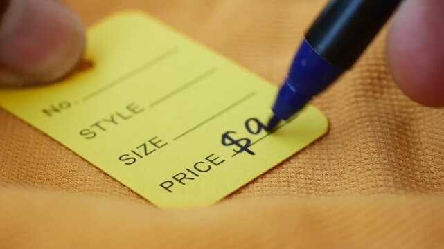 Person writing ninety nine dollar price and extra large size on yellow garment tag with blue marker