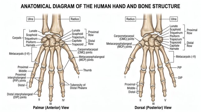 Anatomical diagram of the human hand showing bone structure and labels