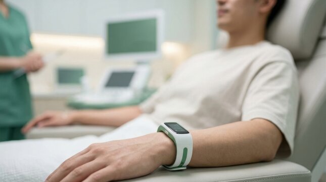 Medical Technology: Patient wearing wearable sensor while health metrics are collected in smart healthcare environment 