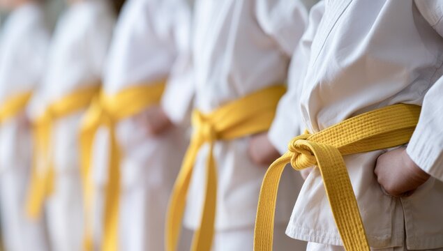 Group of martial arts students wearing yellow belts during a class.