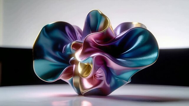 Playback starting metallic ribbon form rotating and folding on glossy base, showing shiny underside