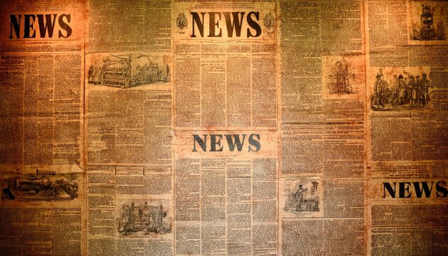 Vintage newspaper background with old text and illustrations.