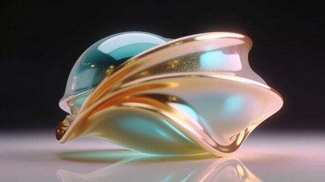 Morphing glass form unfolding on tabletop with rim lights shifting, revealing gold ribbon and dust
