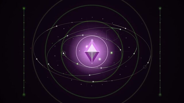 A glowing purple diamond surrounded by rotating orbits creates a seamless and elegant loop.