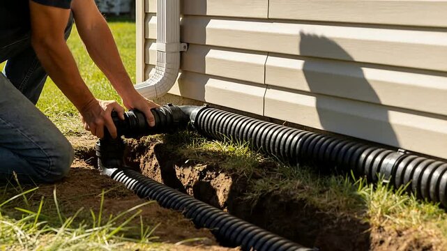 Aligning man in dark shirt and jeans at home, joining corrugated pipe to downspout for drainage