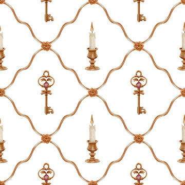 Seamless Pattern Hand Painted Watercolor Cozy Autumn Library with Vintage Keys and Candles Dark Academia PNG