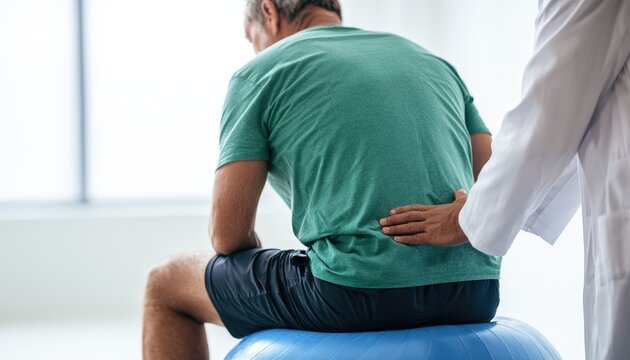 Physical therapist examining a man with back pain sitting on an exercise ball.