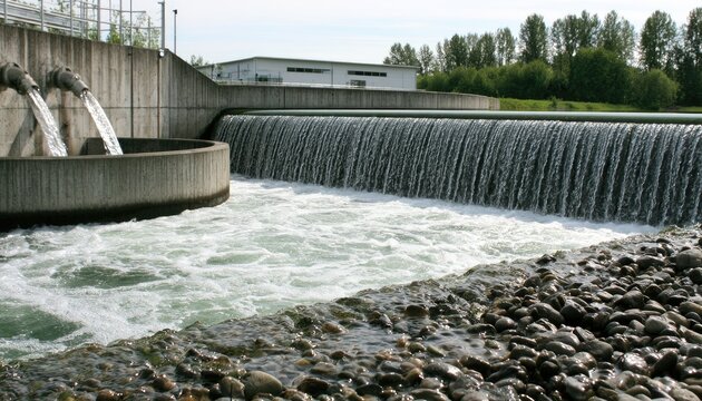 Water treatment facility with flowing water and dam spillway.