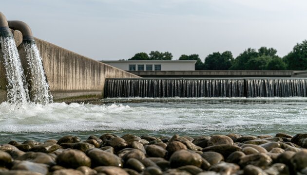 Water flowing over a concrete weir in a scenic river setting.