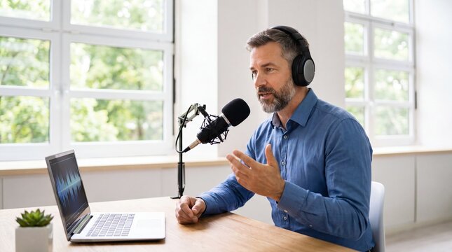 Mature man with beard recording podcast at home studio. Host in headphones speaks into professional microphone with laptop showing audio waveform.