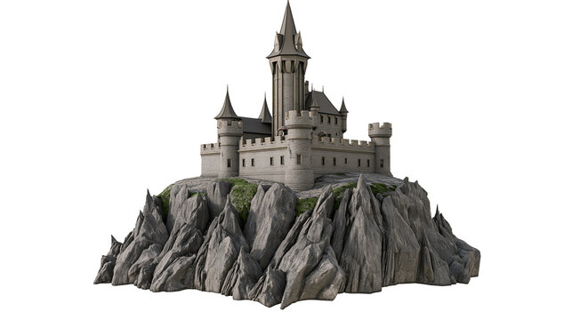 Medieval stone castle with tall spires perched on a jagged rocky mountain cliff