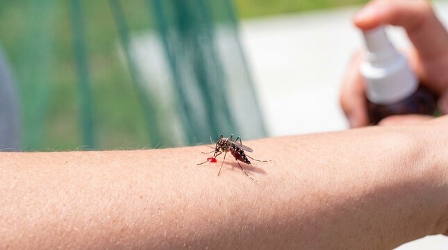 Mosquito sucking blood from human arm while hand holds spray bottle with repellent in background. Close-up macro shot of insect bite on skin outdoors.