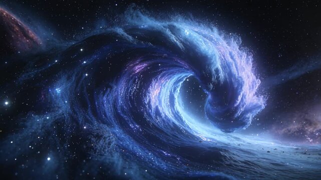 Zooming cam causing large vortex shrinking and glowing drawing dust inward in space with filaments
