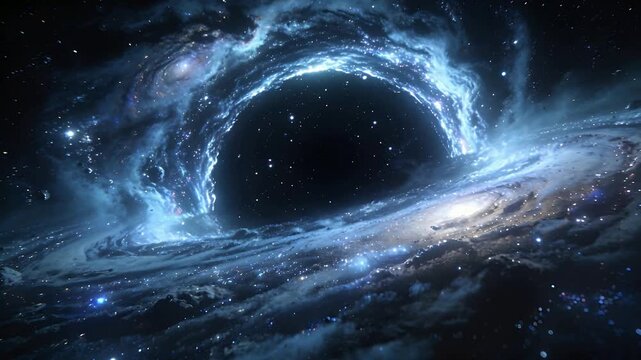 Shifting camera showing rotating void with accretion ring in space, gravity pulling debris inward