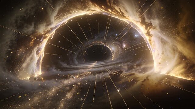 Advancing camera toward huge dark void with luminous ring in space, gravity drawing particles