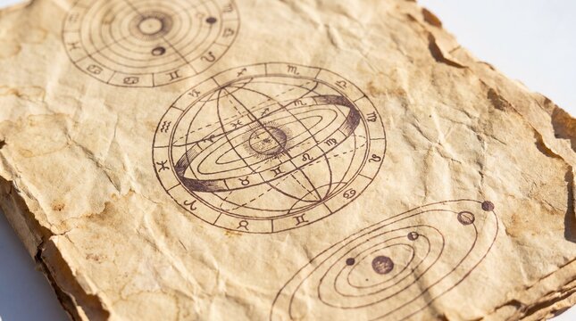 Old parchment with hand drawn astrology charts and zodiac wheel. Vintage diagrams of solar system and planets on aged textured paper.