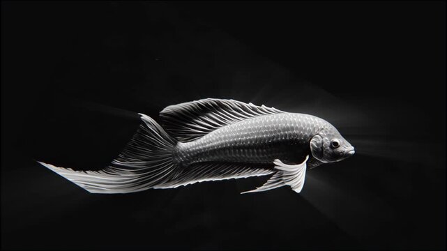 Long silver fish gliding gracefully on black background, monochrome holographic elegance seamless VJ loop