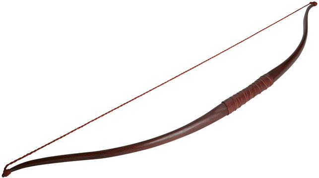 Traditional recurve wooden bow with leather wrapped grip and braided string