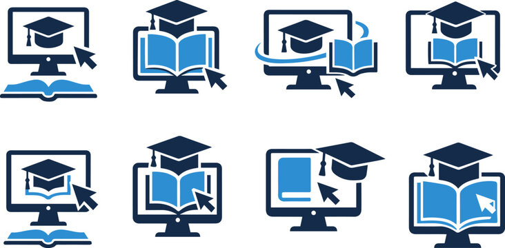 Set of online education icons with computer monitor, graduation cap, book, and cursor
