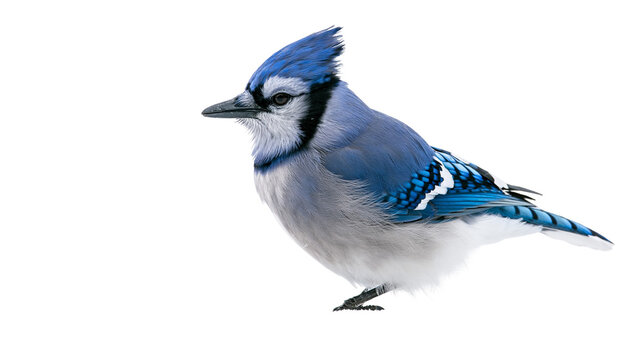 Vibrant blue jay bird with crest feathers and black markings