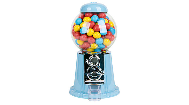 Light blue vintage style gumball machine filled with colorful round candy spheres
