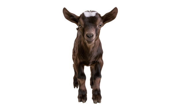 Young brown baby goat with white forehead patch standing and looking forward
